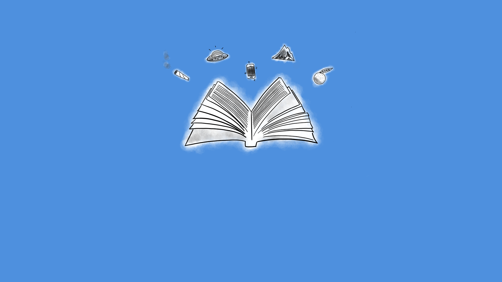 Illustration zur Buchrezension mit verschiedenen Symbolen aus dem Buch, z. B. eine Orange, ein UFO und ein Smartphone.