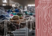 Alles fair? Fünf Wissensquellen rund um nachhaltige Mode Fair Fashion? Textilabfälle in einer Lagerhalle und Illustrationen, die eine Textilarbeiterin und Kleidungsstücke an einer Kleiderstange zeigen.