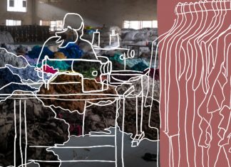 Alles fair? Fünf Wissensquellen rund um nachhaltige Mode Fair Fashion? Textilabfälle in einer Lagerhalle und Illustrationen, die eine Textilarbeiterin und Kleidungsstücke an einer Kleiderstange zeigen.