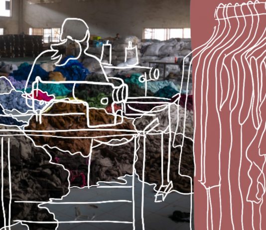 Alles fair? Fünf Wissensquellen rund um nachhaltige Mode Fair Fashion? Textilabfälle in einer Lagerhalle und Illustrationen, die eine Textilarbeiterin und Kleidungsstücke an einer Kleiderstange zeigen.