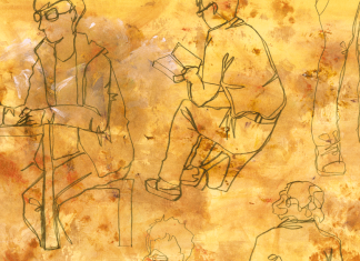 Suizid bei Männern: Let’s talk about it! Eine Illustration von Personen, die allein herumsitzen. Illustration: Maria Hüttl, Thema: Suizide bei Männern