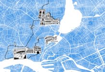 Zeitreise: Jüdische Orte in Hamburg Eine illustrierte Karte für einen Rundgang zu jüdischen Orten in Hamburg. Illustrierte Orte sind: Bornplatzsynagoge, Israelitische Freischule, Alsterhaus, Alte und neue Klaus, Postkarte St. Louis an den Landungsbrücken.