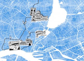 Zeitreise: Jüdische Orte in Hamburg Eine illustrierte Karte für einen Rundgang zu jüdischen Orten in Hamburg. Illustrierte Orte sind: Bornplatzsynagoge, Israelitische Freischule, Alsterhaus, Alte und neue Klaus, Postkarte St. Louis an den Landungsbrücken.