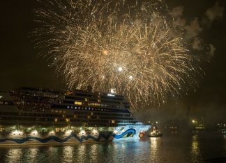 Hafengeburtstag 2022 erneut abgesagt Ein AIDA-Schiff beim Hafengeburtstag. Im Hintergrund ist ein großes Feuerwerk zu sehen.