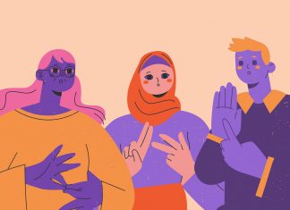 Gendern auf Gebärdensprache: Geht das? Illustration von drei Personen, die sich in Gebärdensprache unterhalten.