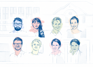 Neue HAW Hamburg-Profs: Was sie uns beibringen und woher sie kommen Illustrationen der acht neuen DMI-Professor:innen. Illustrator:in: Lina Korsten