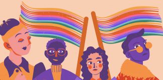 Illustration einer Gruppe Menschen mit Regenbogenflaggen zum Thema Gendern.