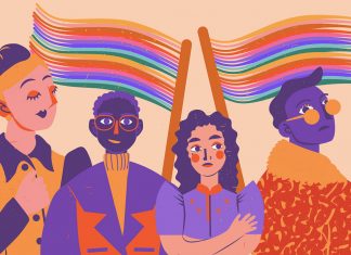 Gendern: Warum überhaupt? Illustration einer Gruppe Menschen mit Regenbogenflaggen zum Thema Gendern.