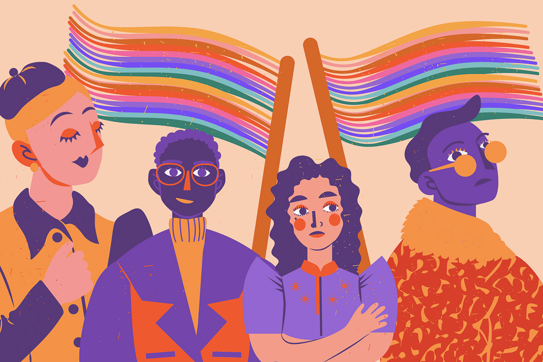 Illustration einer Gruppe Menschen mit Regenbogenflaggen zum Thema Gendern.