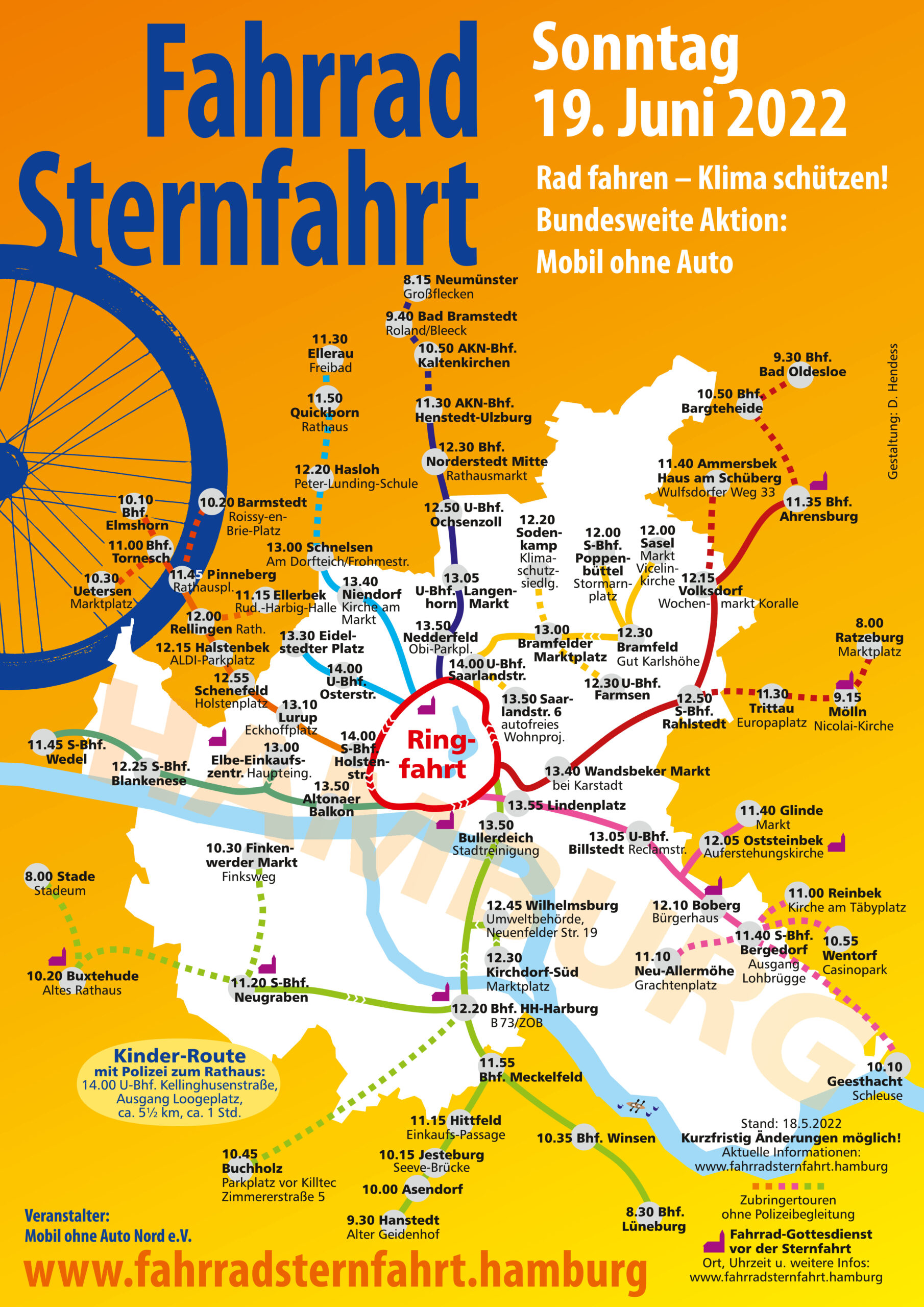 Routenplaner der Fahrradsternfahrt: Stationen in allen Bezirken Hamburgs münden in der Innenstadt