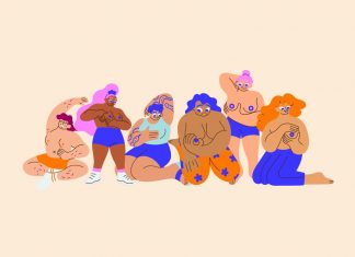 Grabschen ist nicht gleich Abtasten! Brustkrebs-Vorsorge ist wichtig: Grafik von Frauen, wie sie ihre Brüste abtasten.