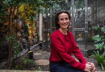 Filmproduzentin Hanneke van der Tas im Interview Produzentin Hanneke van der Tas sitzt vor begrünter Wand.