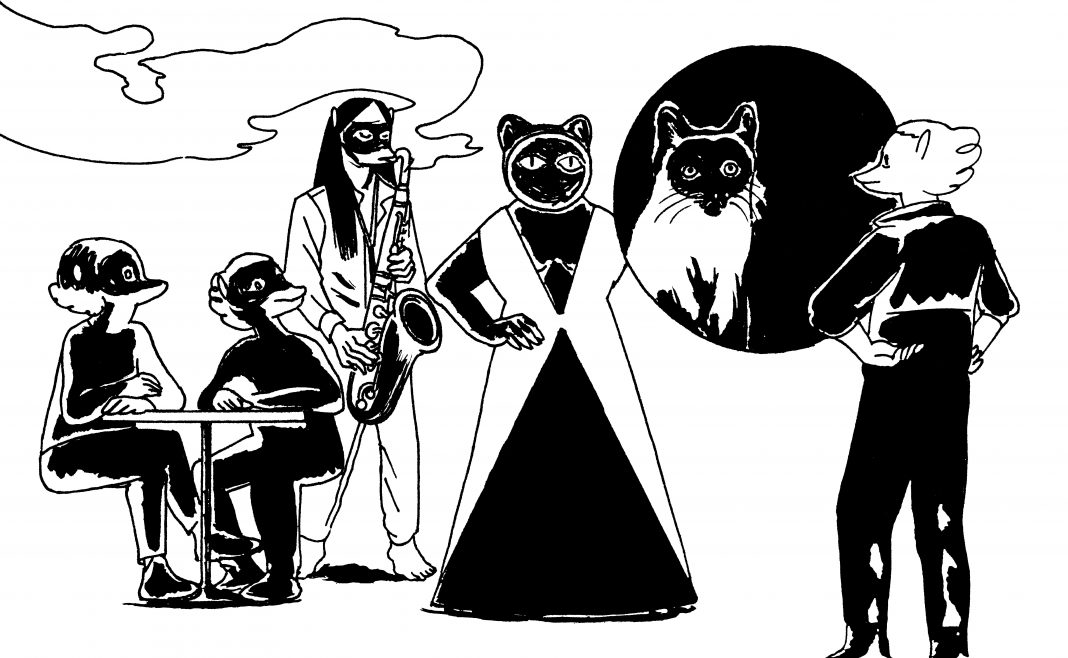 Comicfestival Hamburg 2022. Ausschnitt eines Comics von Luka Lenzin. Sechs tierhafte Wesen stehen in einer Gruppe zusammen.