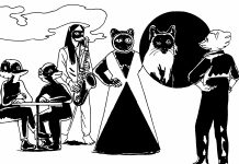 Was das Comicfestival mit Langusten und Echsen zu tun hat Comicfestival Hamburg 2022. Ausschnitt eines Comics von Luka Lenzin. Sechs tierhafte Wesen stehen in einer Gruppe zusammen.