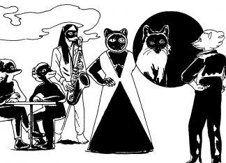 Was das Comicfestival mit Langusten und Echsen zu tun hat Comicfestival Hamburg 2022. Ausschnitt eines Comics von Luka Lenzin. Sechs tierhafte Wesen stehen in einer Gruppe zusammen.