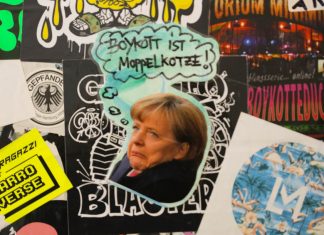 Ruangrupa an der HFBK: Bühne für Antisemitismus oder konstruktive Debatte? Ein Sticker mit dem Gesicht Angela Merkel und einer Denkblase mit dem Inhalt "Boykott ist Moppelkotze" Foto: Julia Chorus