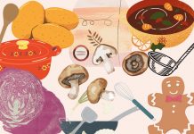 Veganes Weihnachtsessen: Lecker geht auch pflanzlich Veganes Weihnachtessen: Auf dem Bild sind die Zutaten wie Kartoffeln, Rotkohl, Champignons und Lebkuchen zu sehen.