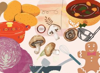 Veganes Weihnachtsessen: Lecker geht auch pflanzlich Veganes Weihnachtessen: Auf dem Bild sind die Zutaten wie Kartoffeln, Rotkohl, Champignons und Lebkuchen zu sehen.