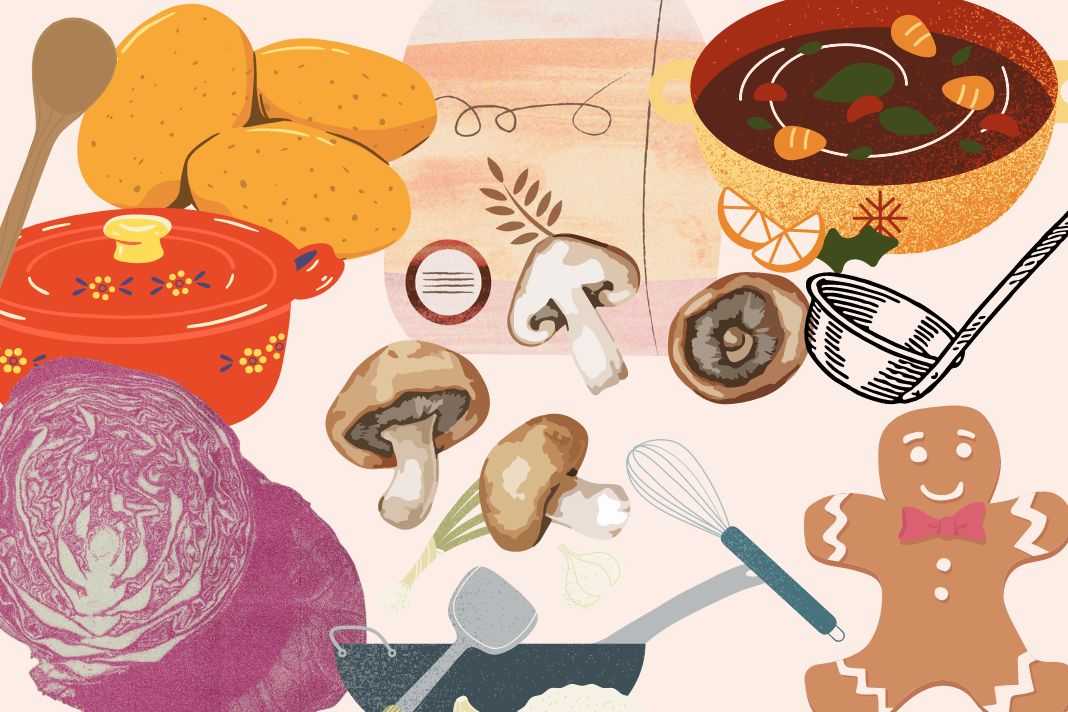Veganes Weihnachtessen: Auf dem Bild sind die Zutaten wie Kartoffeln, Rotkohl, Champignons und Lebkuchen zu sehen.