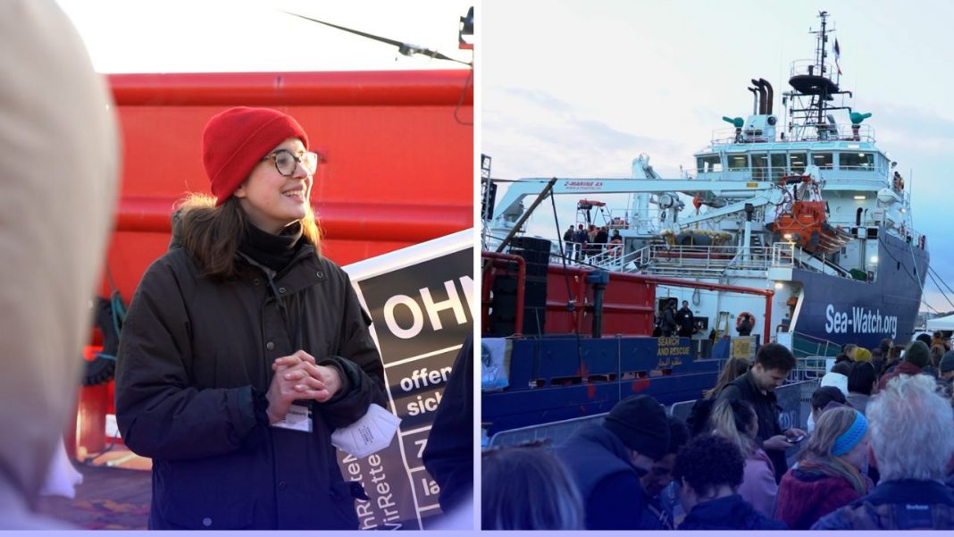 Pressesprecherin Mattea Weihe steht vor der Sea-Watch 5