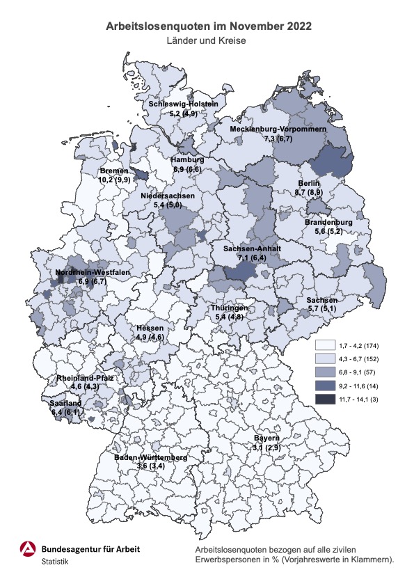 Eine Deutschlandkarte mit Arbeitslosenquoten der Länder im Vergleich