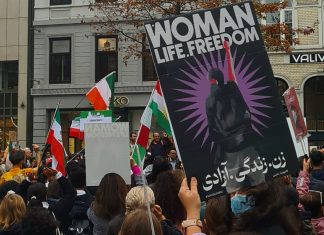 Frauen, Leben, Freiheit: „Die Iraner*innen können nicht mehr ruhig bleiben” Schild mit Aufschrift "Woman Life Freedom" auf einem Iran-Protest in Hamburg am Gänsemarkt.
