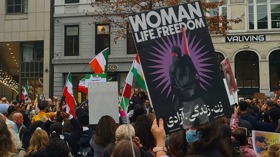 Schild mit Aufschrift "Woman Life Freedom" auf einem Iran-Protest in Hamburg am Gänsemarkt.