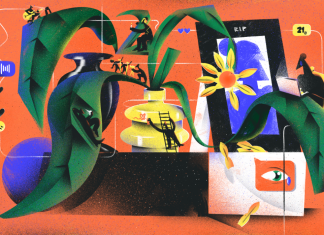 Der Ort der Trauer ändert sich Eine Illustration einer verwelkten Blume, einer Urne und digitalen Elementen, die im Trauerprozess immer mehr Bedeutung gewinnen. Der digitale Raum verändert unsere Trauerkultur. Illustration: Yvonne Krol