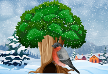 Der Fink, der Weihnachten hasste Ein Fink sitzt in einer Winterlandschaft vor einem Baum