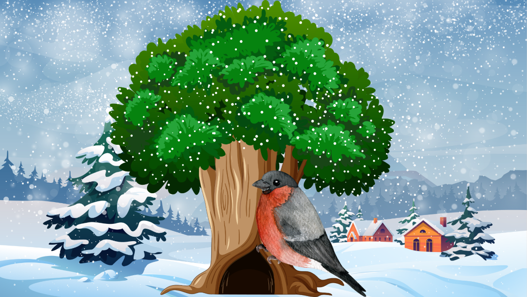 Ein Fink sitzt in einer Winterlandschaft vor einem Baum