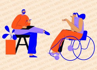 Wusstest du, dass es Mental Health First Aid gibt? Grafik von einer Frau im Rollstuhl die sich mit einem Mann, einem MHFA Ersthelfer für mentale Probleme unterhält.