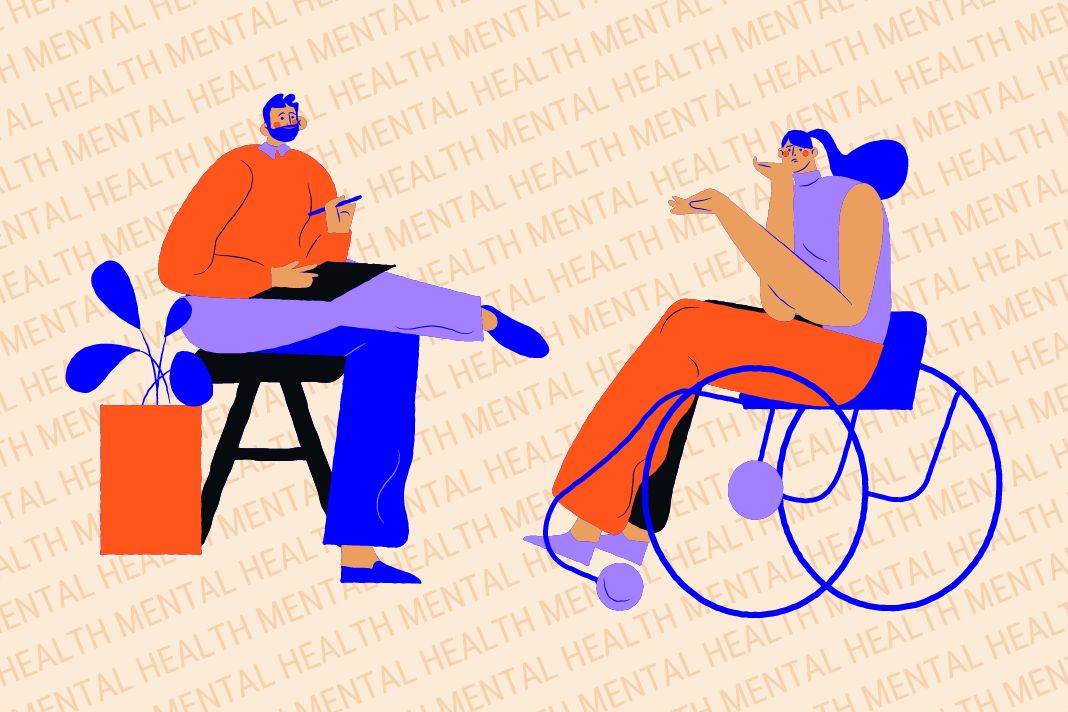Grafik von einer Frau im Rollstuhl die sich mit einem Mann, einem MHFA Ersthelfer für mentale Probleme unterhält.