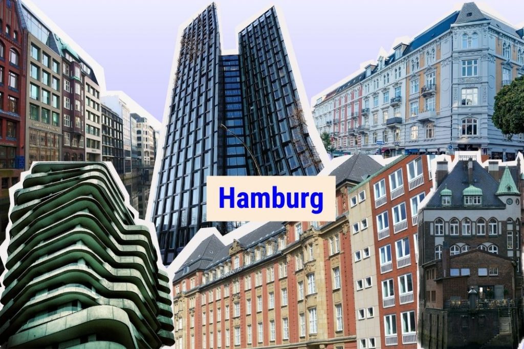 Collage mit Gebäuden aus Hamburg. Aufschrift: Hamburg