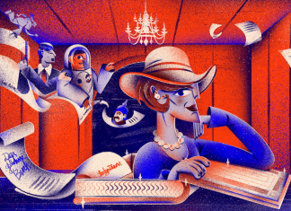 Das politische Herz Hamburgs Eine Frau mit Hut klappt ein Buch auf, aus dem Blätter und Menschen fliegen.