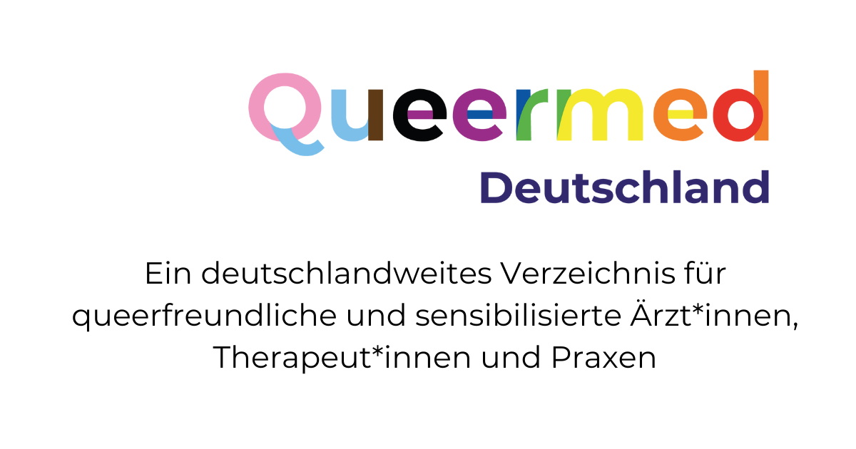 Queermed Logo. Foto: Queermed. Auf dem Bild sieht man den Schriftzug "Queermed" in den Farben der Progress-Flag. Darunter steht "Deutschland" in dunkelblau. Darunter: "Ein deutschlandweites Verzeichnis für queerfreundliche und sensibilisierte Ärzt*innen, Therapeut*innen und Praxen"