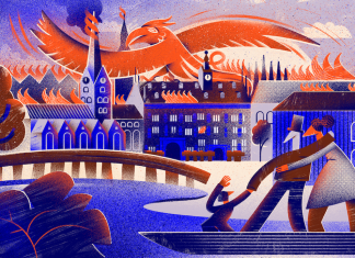 Ein Raub der Flammen Hamburger Rathaus in Flammen Illustration