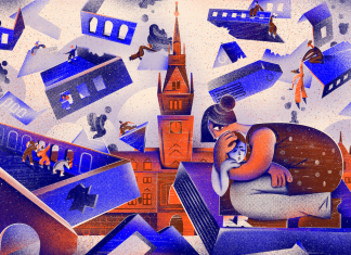 Turbulente Zeiten im Hamburger Rathaus Illustration zum Hamburger Rathaus: Trümmer fliegen herum, das Rathaus bleibt aber unbeschädigt.