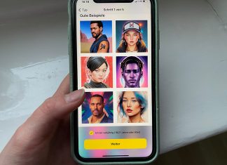 Lensa: Aussehen wie ein Superheld – mit Folgen Eine Hand hält ein Handy. Auf dem Bildschirm wird die Lensa-App angezeigt. Foto: Laura Reichhart