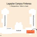 Das 2. Obergeschoss des Campus Finkenau: Ein aktueller Lageplan auf dem die damaligen Wöchnerinnenstationen, die Kreißsäle, das Kinderzimmer und ‘Frau Braun’ eingezeichnet sind. Grafik: Stine Schumacher