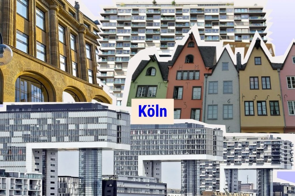 Collage mit Gebäuden aus Köln. Aufschrift: Köln