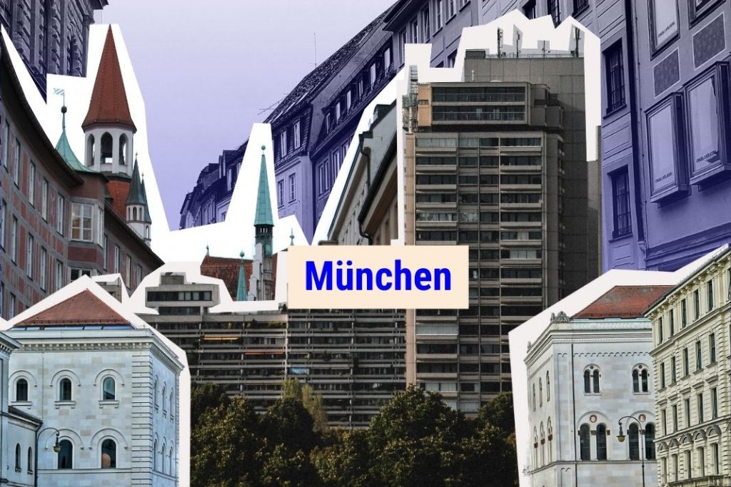 Collage mit Gebäuden aus München. Aufschrift: München
