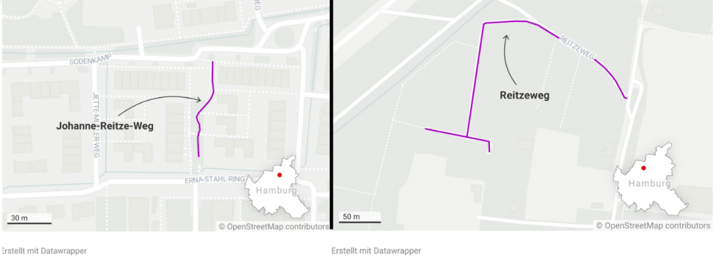 Johanne-Reitze-Weg und Reitweg auf einer Karte visualisiert.