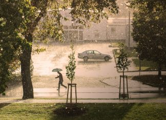 Heute: Sturmböen in Hamburg erwartet Sturmböen in Hamburg: Regen prasselt auf die Straße. Ein Mann läuft mit Regenschirm über einen Parkplatz.