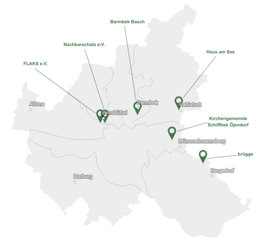 Karte von Hamburg mit Standorten der Mehrgenerationenhäuser