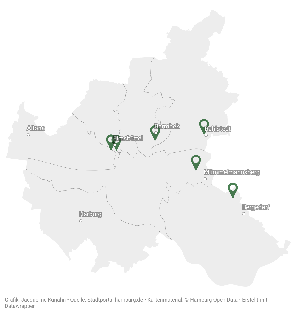 Karte von Hamburg mit Standorten der Mehrgenerationenhäuser