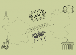 Die deutsch-französische Freundschaft ist mehr als ein Zugticket Grafik mit Deutschland und Frankreich und verschiendenen Symbolen auf grünem Hintergrund zum Thema Freundschaftspass