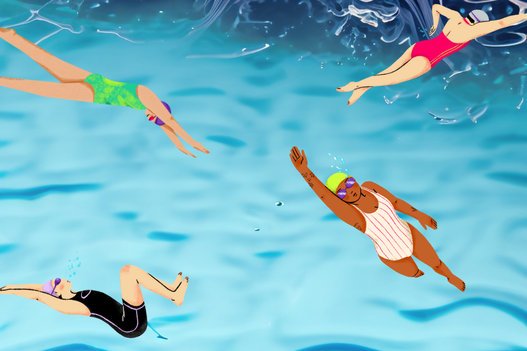 Wellenhintergrund mit zwei Schwimmerinnen davor