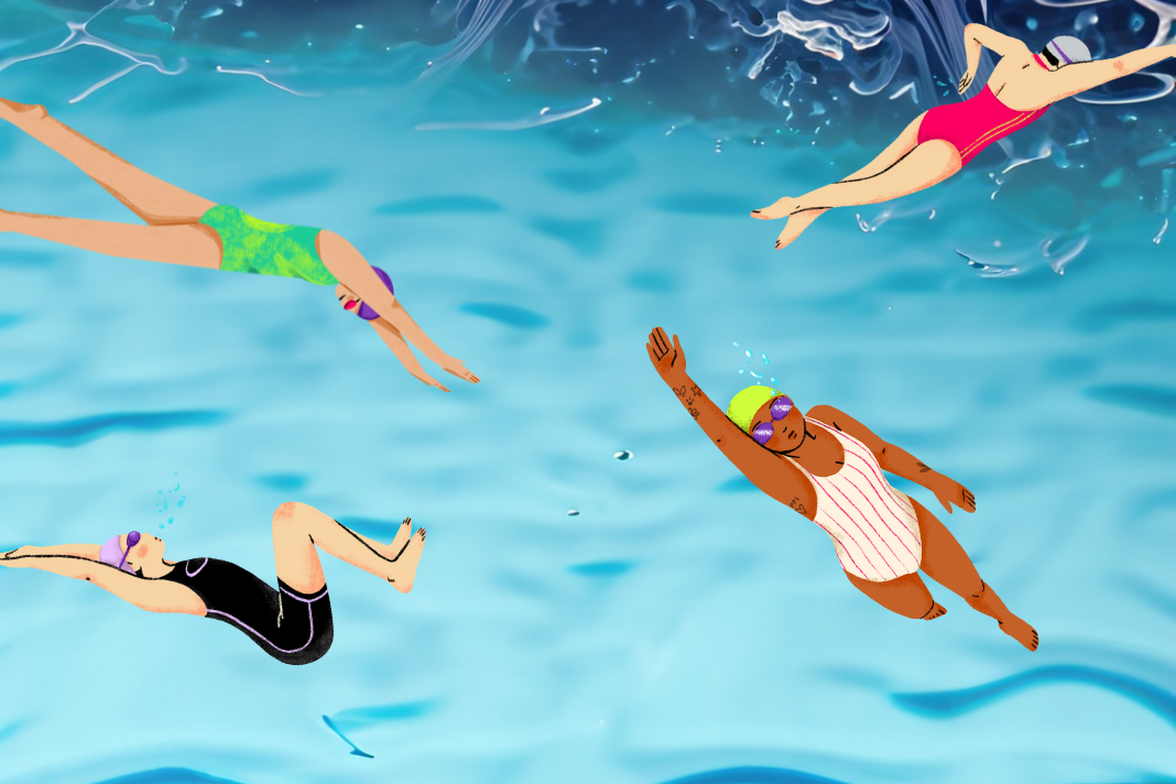 Wellenhintergrund mit zwei Schwimmerinnen davor