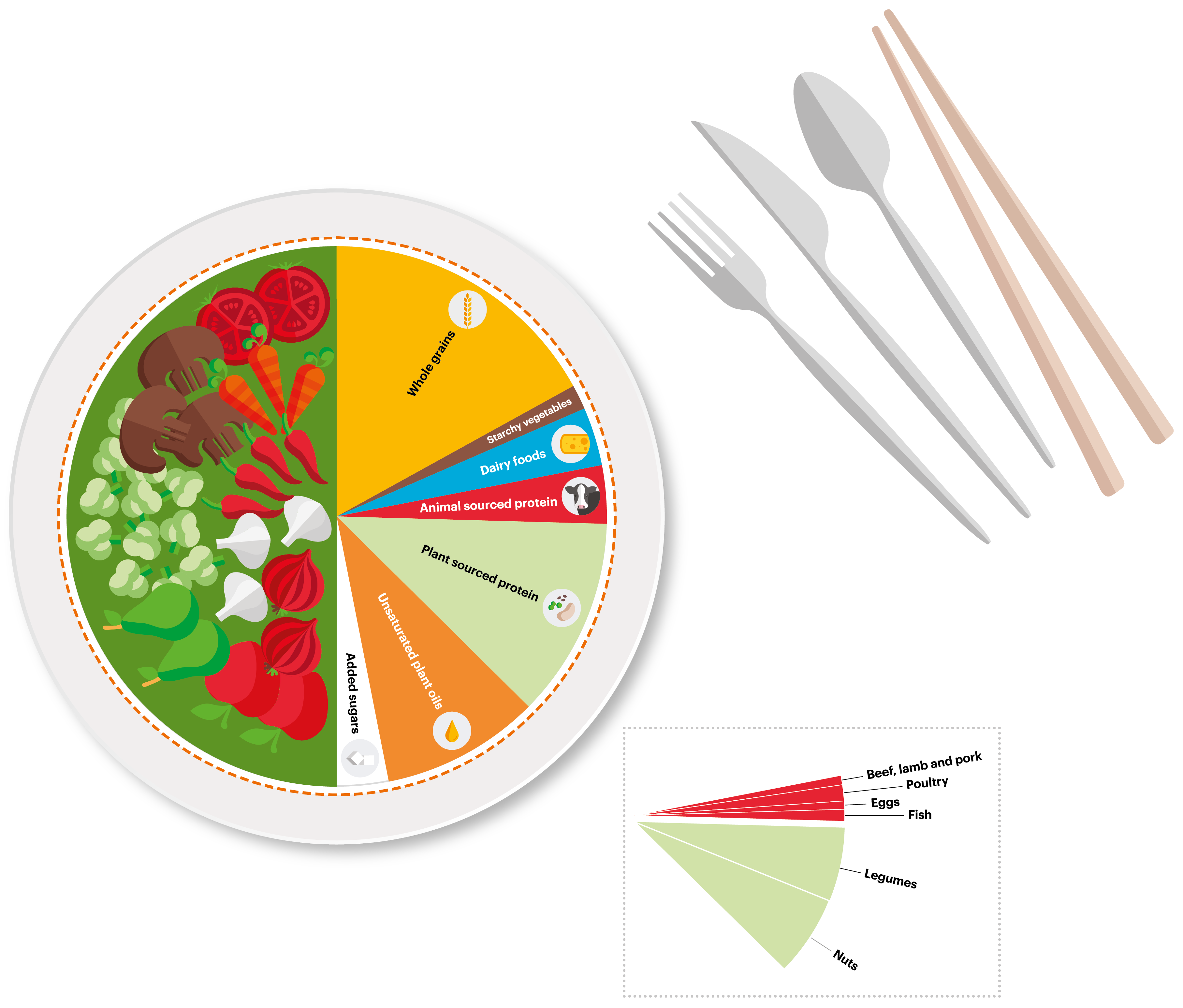 Kreisdiagramm über die Anteile verschiedener Lebensmittelgruppen nach der Planetary Health Diet