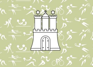 Was geht ab im Hamburger Sport? Das Hamburger Wappen mit diversen SSymbolsportlern im Hintergrund